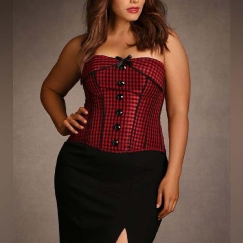 Elegant Red and Black Checkered Bandeau Corset With Matching String Thong.